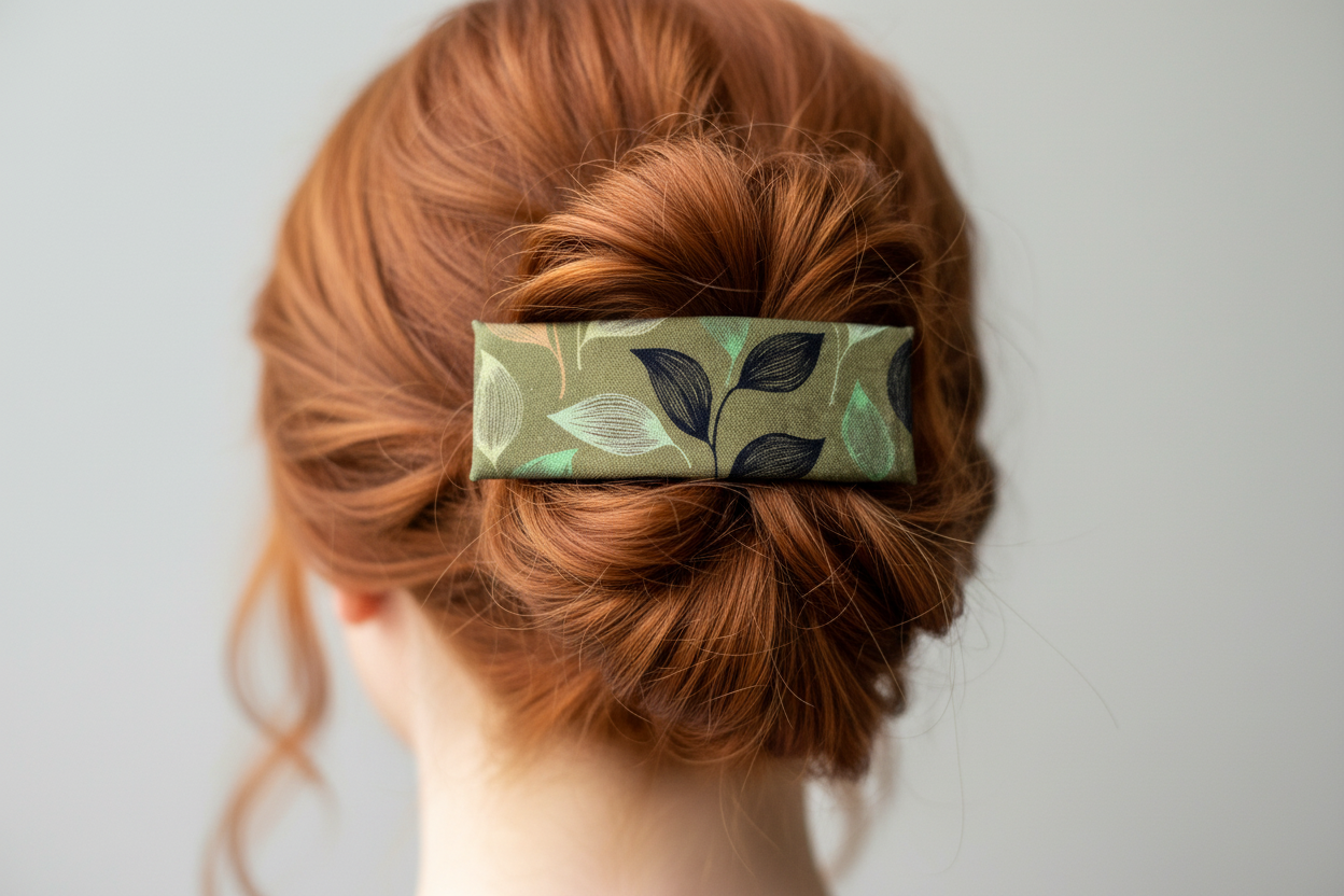 Green Leaves Fabric French Hair Clip, Large Fabric Clip, 3.5 Inch, Green Rectangle, Leather Lined Barrette