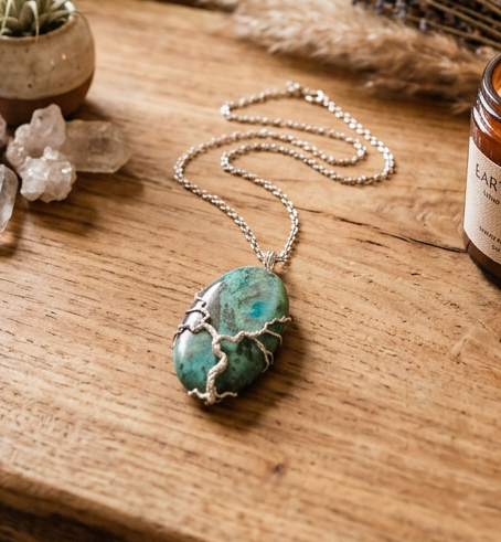 Chrysocolla Tree of Life Necklace,  Wire Wrapped, 24 Inch, Green Necklace, Calming