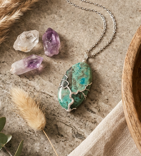 Chrysocolla Tree of Life Necklace,  Wire Wrapped, 24 Inch, Green Necklace, Calming