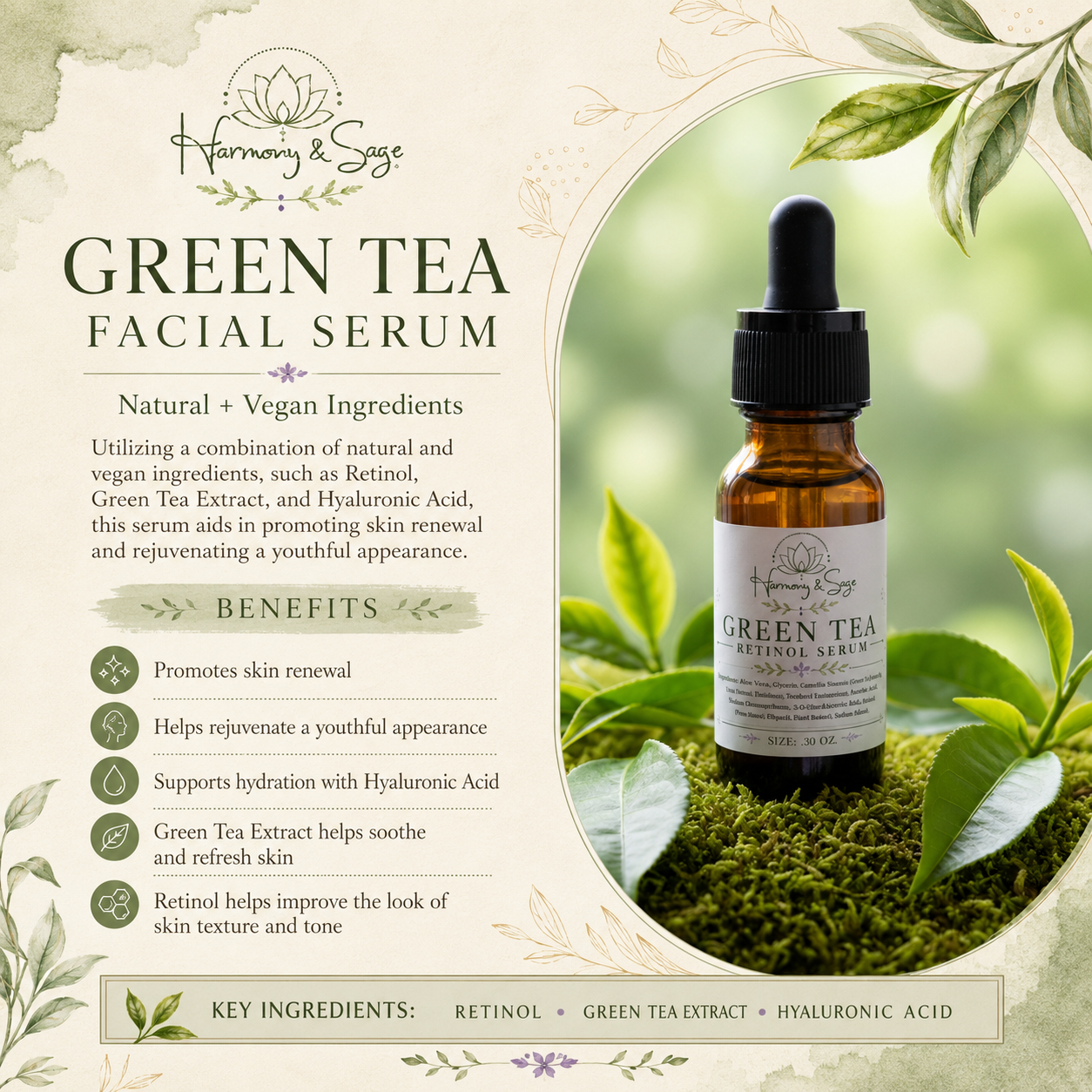 Green Tea Retinol Serum, Face Serum, Hyaluronic Acid, Skincare, pH Balanced,  Plant Based