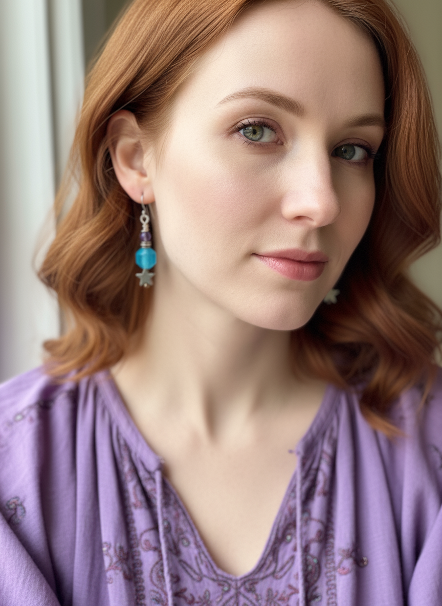 Amazonite & Amethyst Star Earrings, Steel Earrings, Gemstone Earrings, Fishhook, Cathedral Beads. French Hook