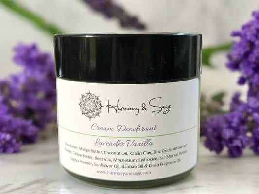 Cream deodorant jar labeled 'Harmony & Sage' on a wooden surface