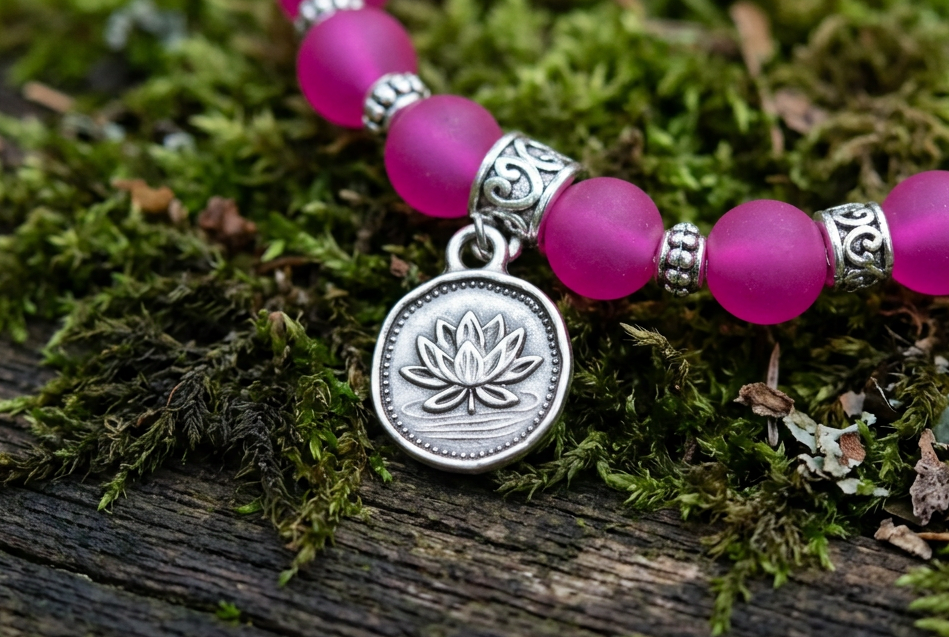 Pink Czech Glass Lotus Bracelet, Sea Glass, Average
