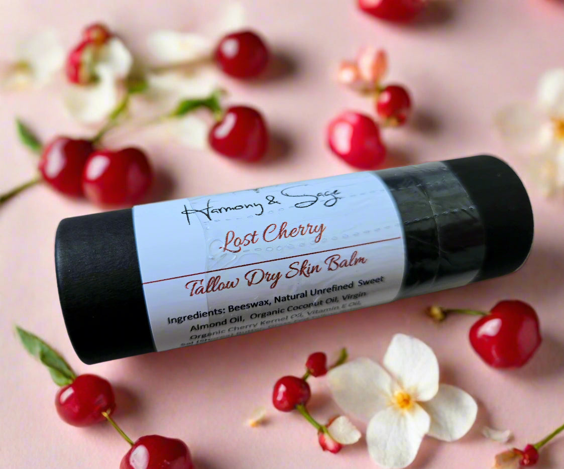 Tallow dry skin balm with a label on a wooden surface