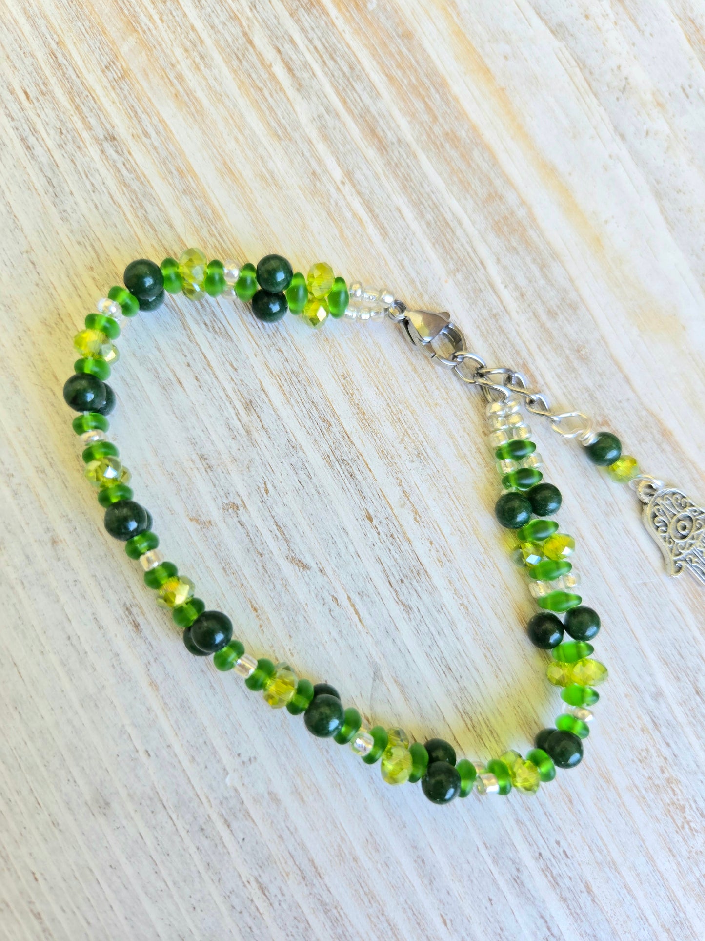Green Agate Hamsa Handbeaded Healing Bracelet