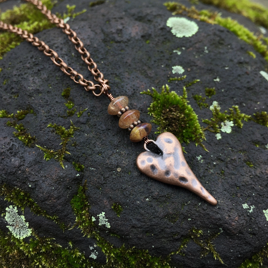 Copper Heart Necklace,  Boho Style, Clearance Jewelry