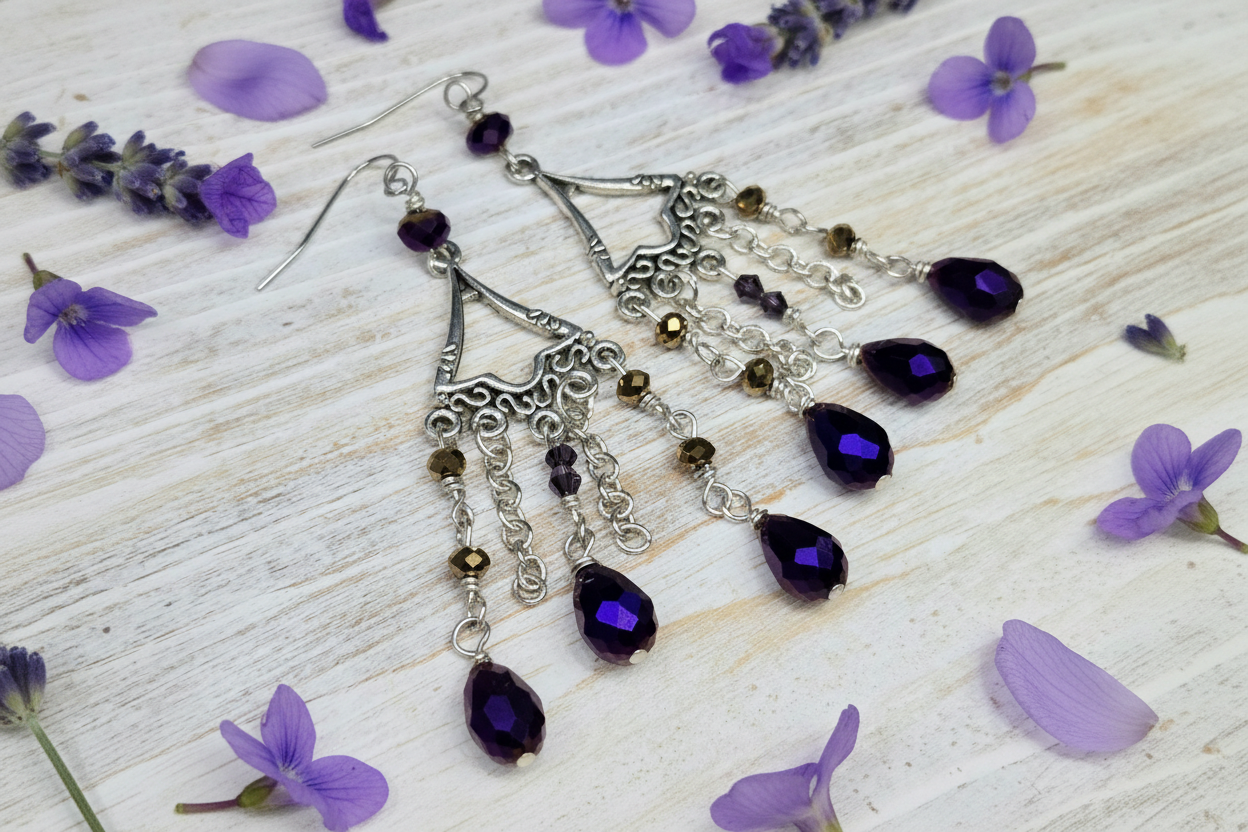 Long Purple Boho Chandelier Earrings, Clearance