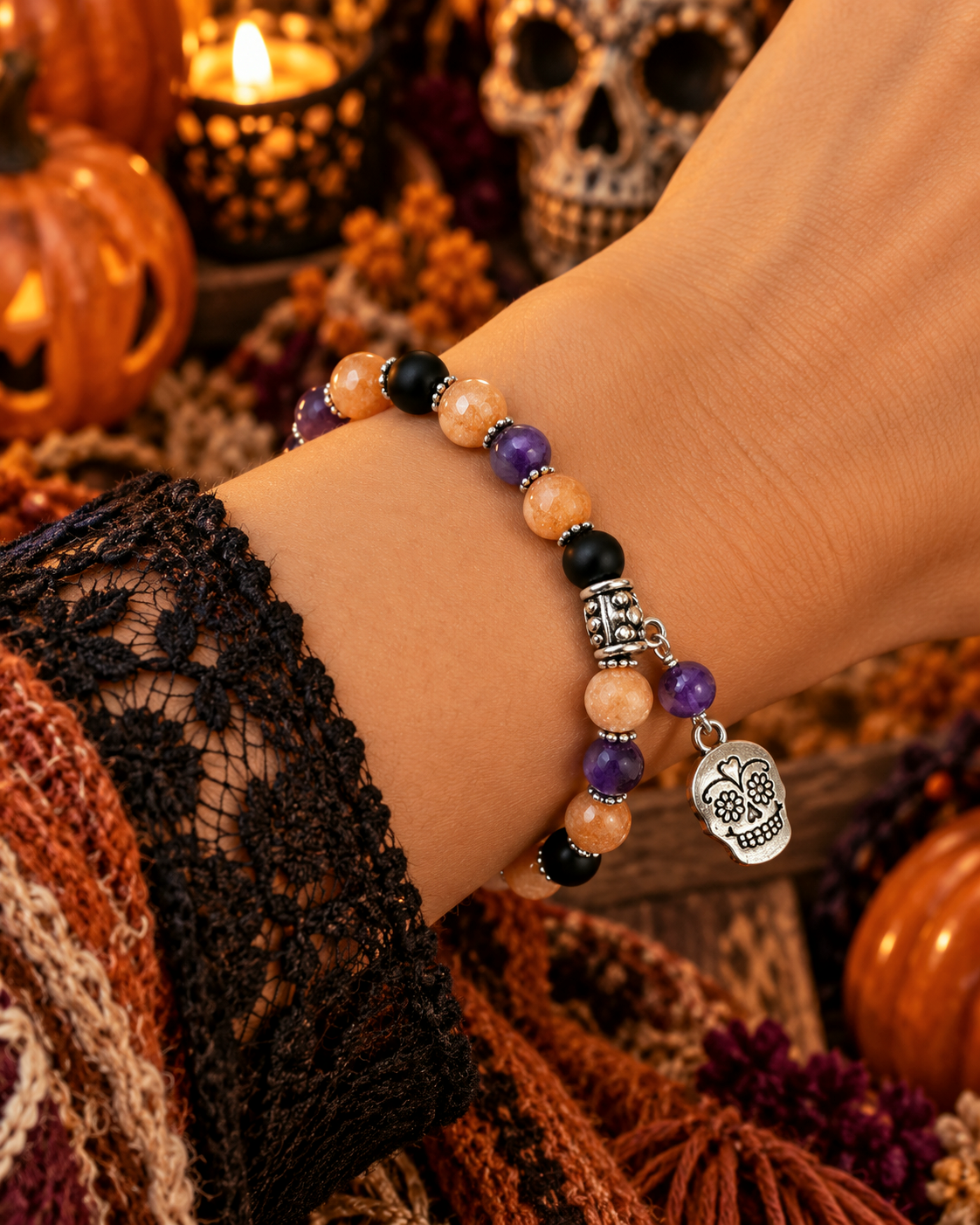 Jade, Onyx & Agate Gemstone Bracelet, Sugar Skull Halloween Bracelet, Protection & Strength