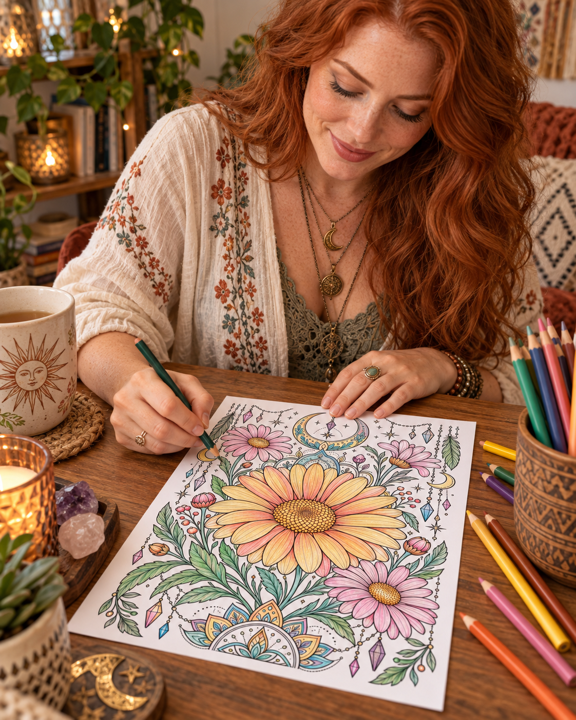 Digital Coloring Pages, Adult Coloring Art, Boho Flowers, Relaxation