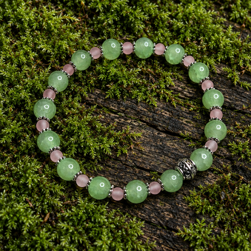 Light Green Agate & Cherry Quartz Gemstone Bracelet, Balance, 7.25 Inch, Positivity