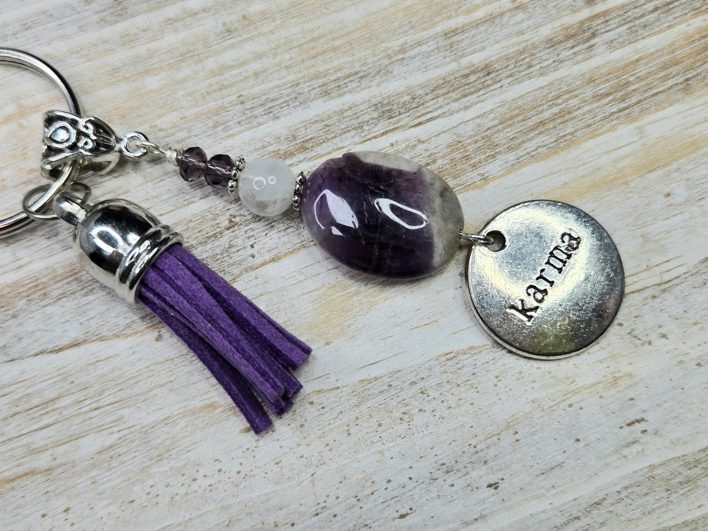 Keychain, Purse Charm, Gemstone Beaded Chain, Zipper Pull, Karma Amethyst, Moonstone, Purple Tassel