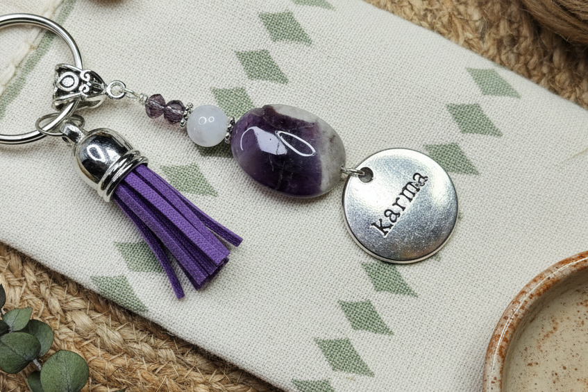 Keychain, Purse Charm, Gemstone Beaded Chain, Zipper Pull, Karma Amethyst, Moonstone, Purple Tassel