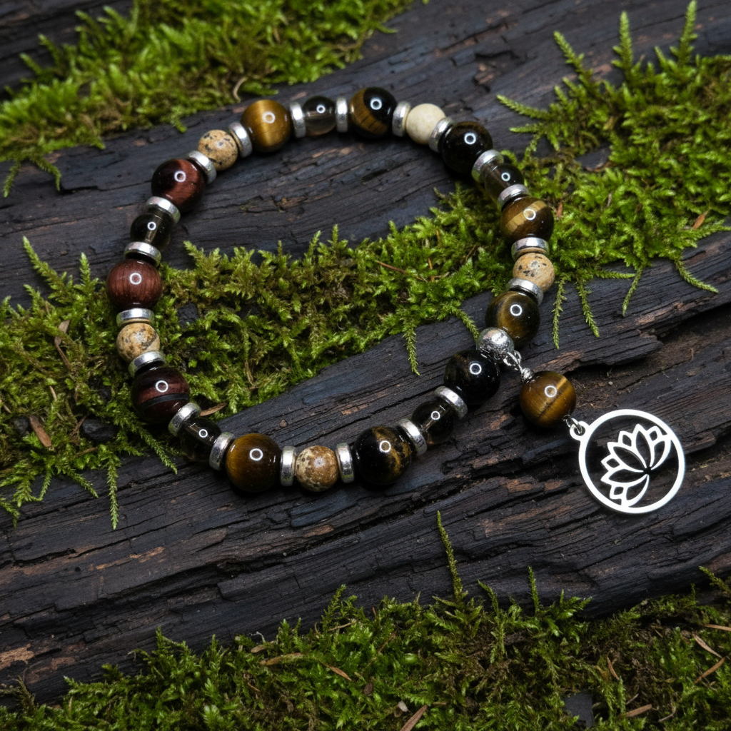 Tigers Eye, Smoky Quartz & Picture Jasper Gemstone Bracelet,  Lotus Stretch Bracelet, Clarity, Motivation