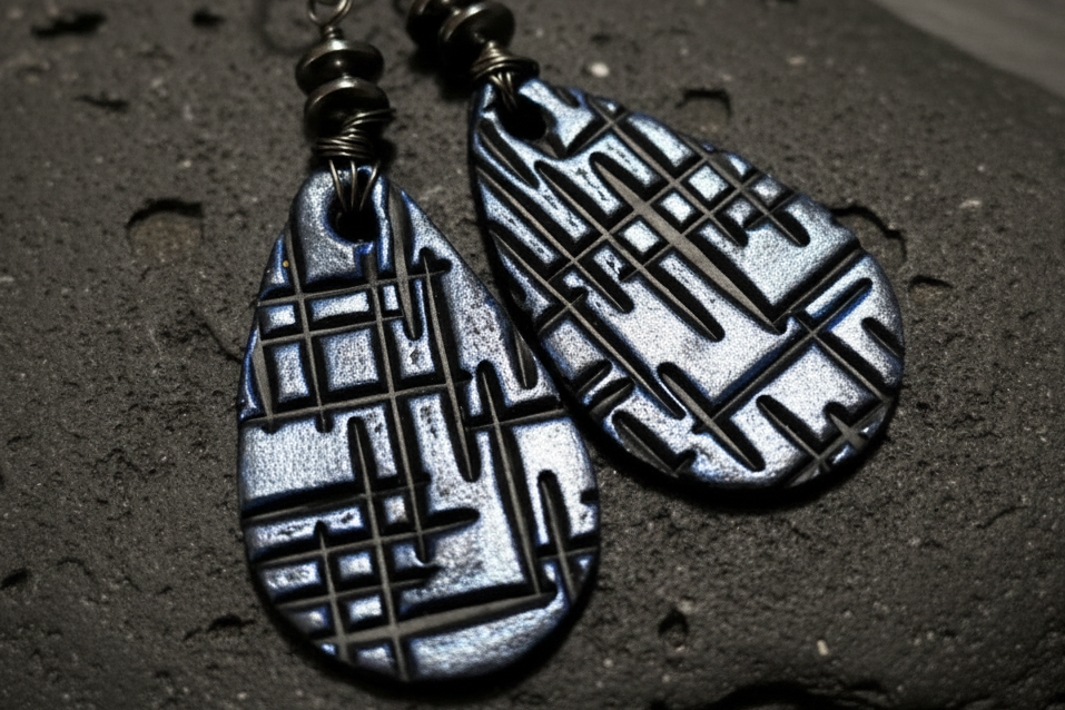 Polymer Clay Gunmetal Earrings, Artisan Handmade Earrings