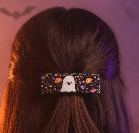 Halloween Ghosts Leather Lined Hair Clip,  3.25" Barrette