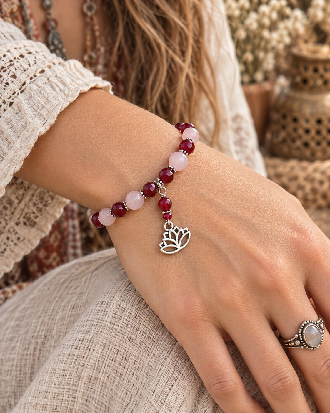Rose Quartz & Carnelian Healing Bracelet, Lotus Stretch Bracelet, Anxiety Bracelet