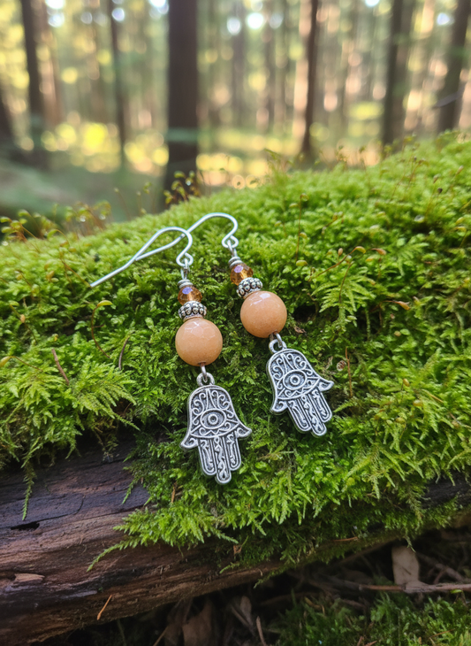 Peach Jade Hamsa Earrings,  Steel, Hypoallergenic, Sensitive Skin
