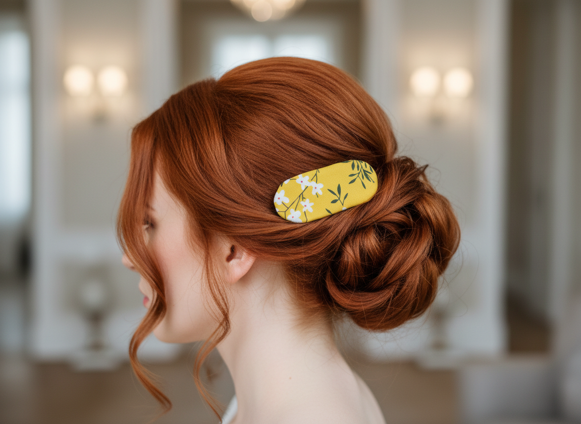 Flower Blossom French Hair Clip, Fabric Hair Clip, 2.5 Inch, Oval Clip, Yellow, Green Leaves