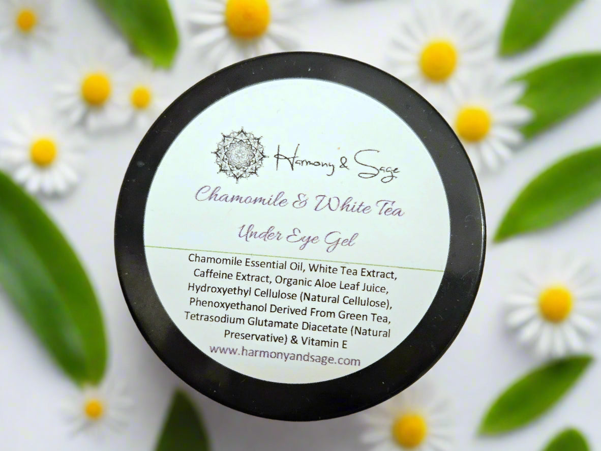 Under eye gel container with 'Harmony & Sage' branding on a beige background
