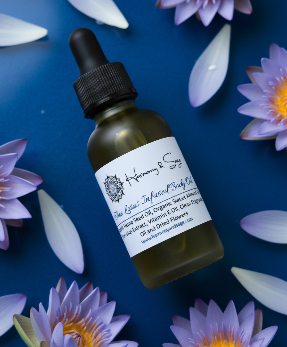 Blue Lotus Infused Body Oil - Limited Edition- Lotus Blossom Set, Egyptian Blue Lotus Oil, Sweet Almond Oil,  Hemp Seed Oil, Vitamin E Oil, Avocado Soap