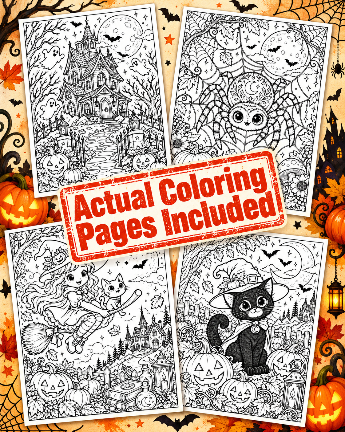 Digital Coloring Pages, Halloween Downloadable, Kids Coloring Pages, All Ages