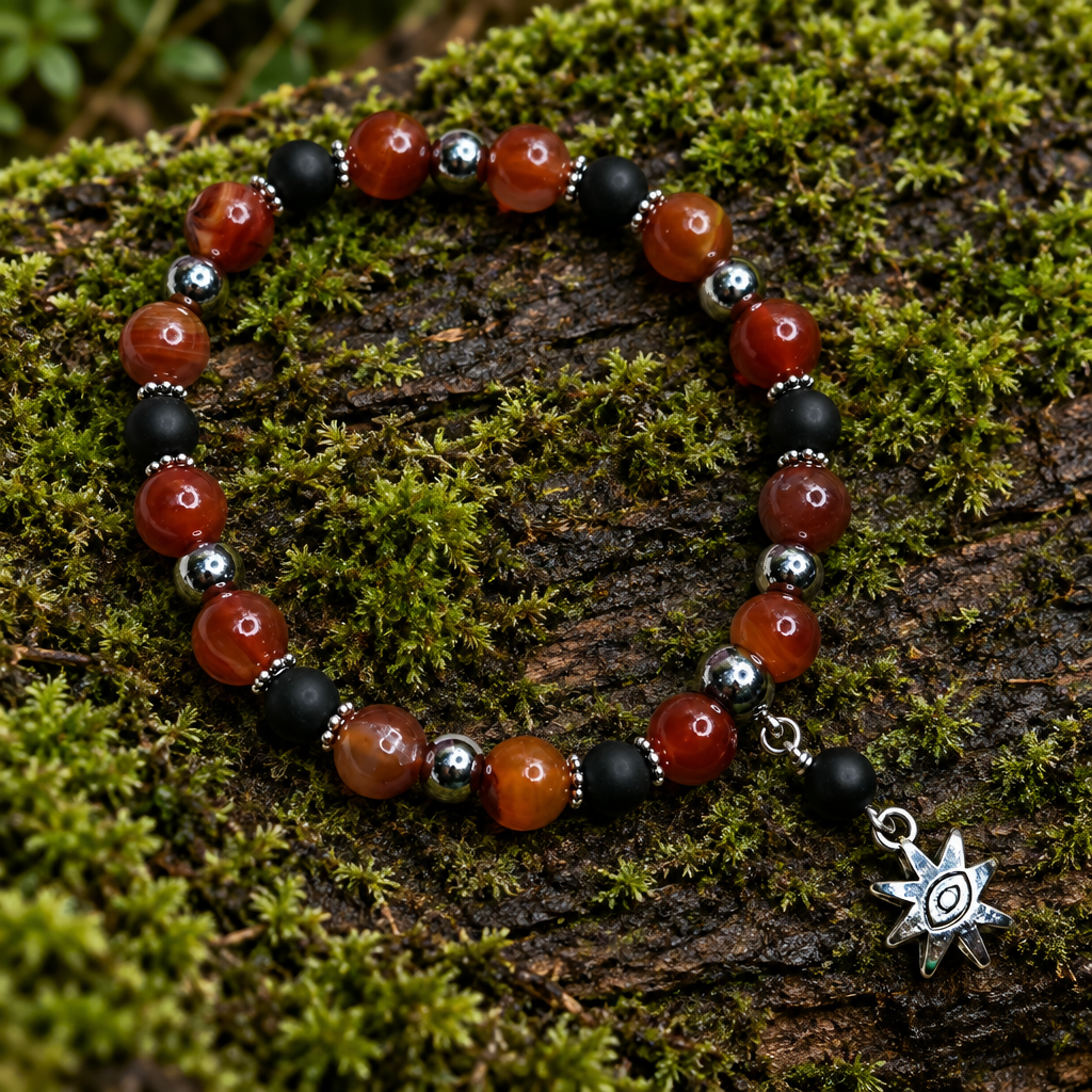 Carnelian, Steel & Onyx Gemstone Bracelet, Evil Eye Stretch Bracelet,  Anxiety Bracelet, 6.75 Inch, Grounding, Protection