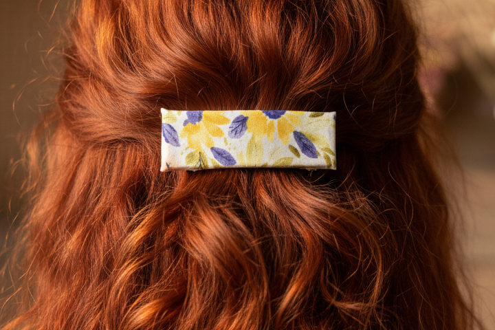 Blue & Yellow Boho Watercolor French Hair Clip, Fabric Clip, 3.25 Inch, Rectangle, Leather Lined Barrette - Harmonyandsage