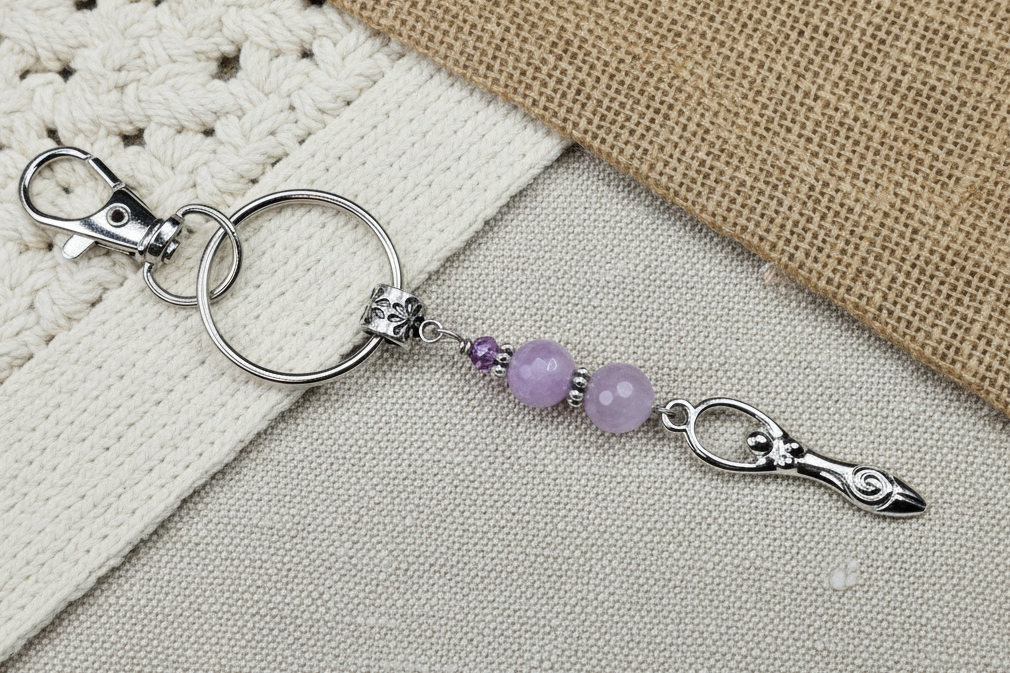 Keychain, Purse Charm, Gemstone Beaded Chain, Zipper Pull, Goddess, Faceted Lavender Jade