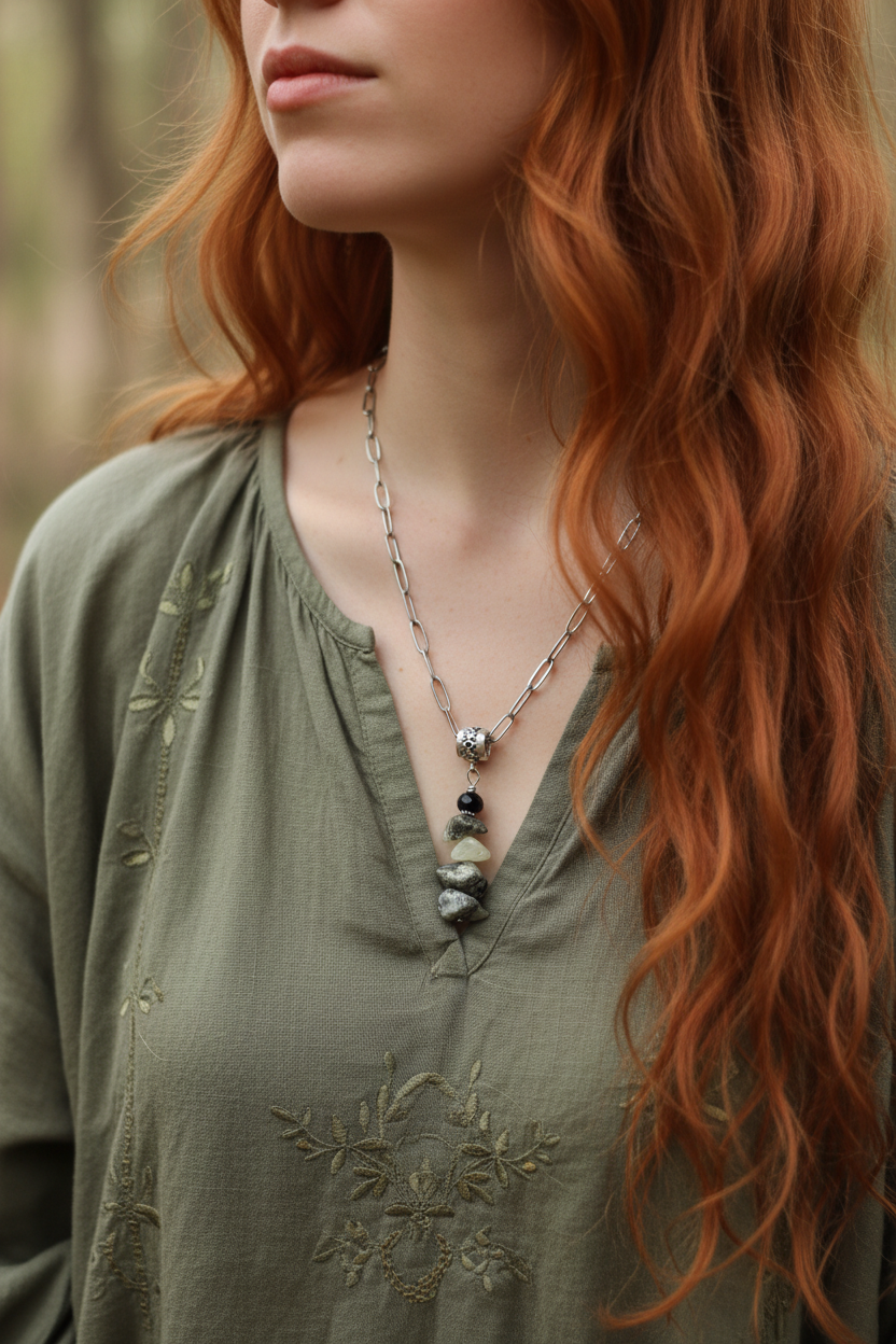 Paperclip Necklace, Steel Gemstone, Green Prehnite