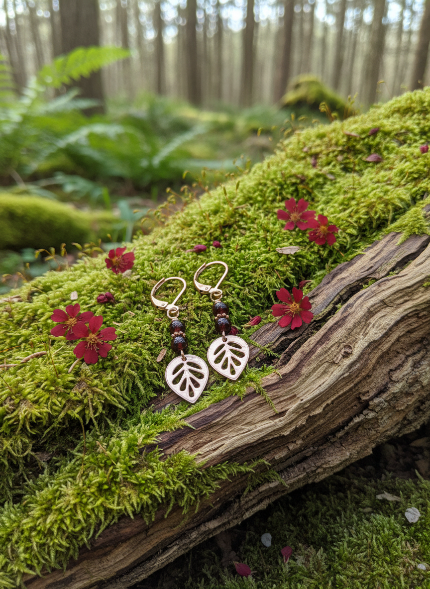 Sangria Garnet Rose Gold Leaf Earrings, Maroon Earrings,  Red Earrings,  January Birthstone,  Healing Jewelry