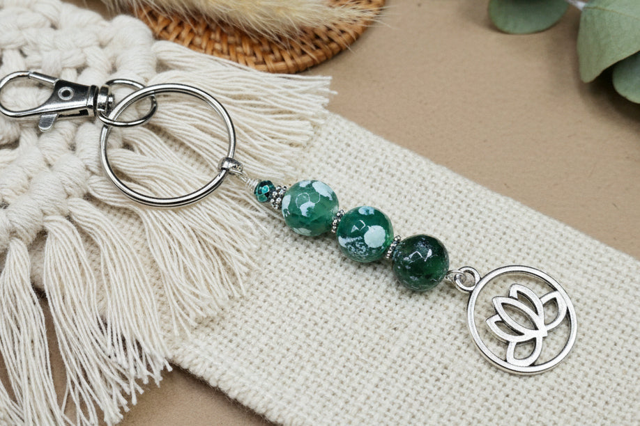 Keychain, Purse Charm, Gemstone Beaded Chain, Zipper Pull, Green Fire Agate Lotus