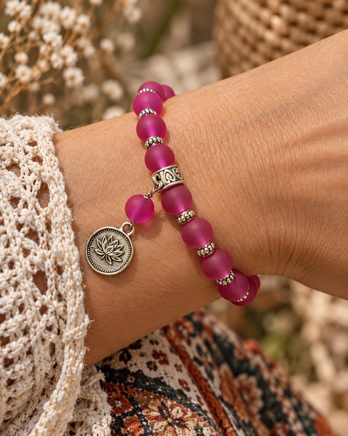 Pink Czech Glass Lotus Bracelet, Sea Glass, Average