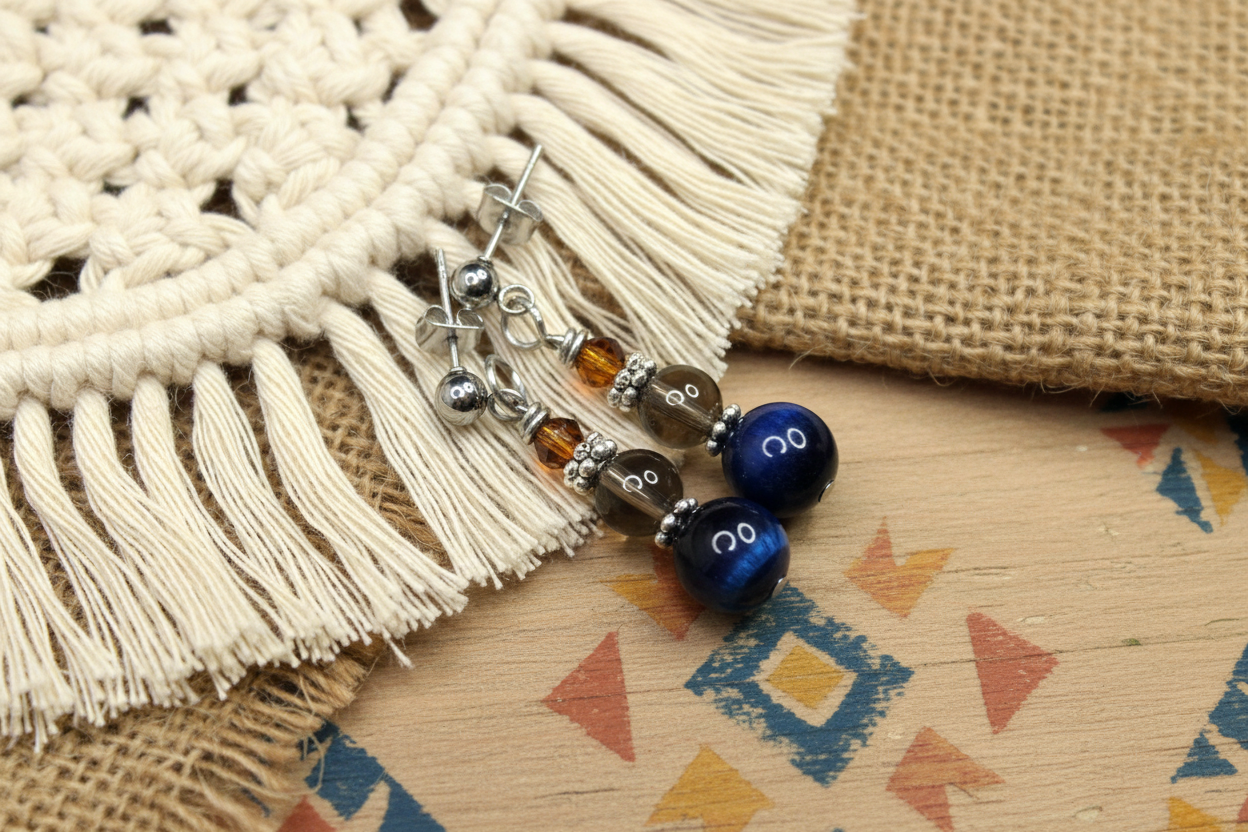 Dark Blue Tigers Eye Earrings,  Smoky Quartz Steel, Hypoallergenic, Sensitive Skin, Gemstone Ball Post