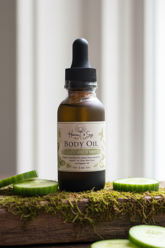 Cucumber Mint Infused Body Oil, Body Oil, Cucumber Infused Oil, Hemp Oil, Sweet Almond Oil, Vitamin E Body Oil, Limited Edition