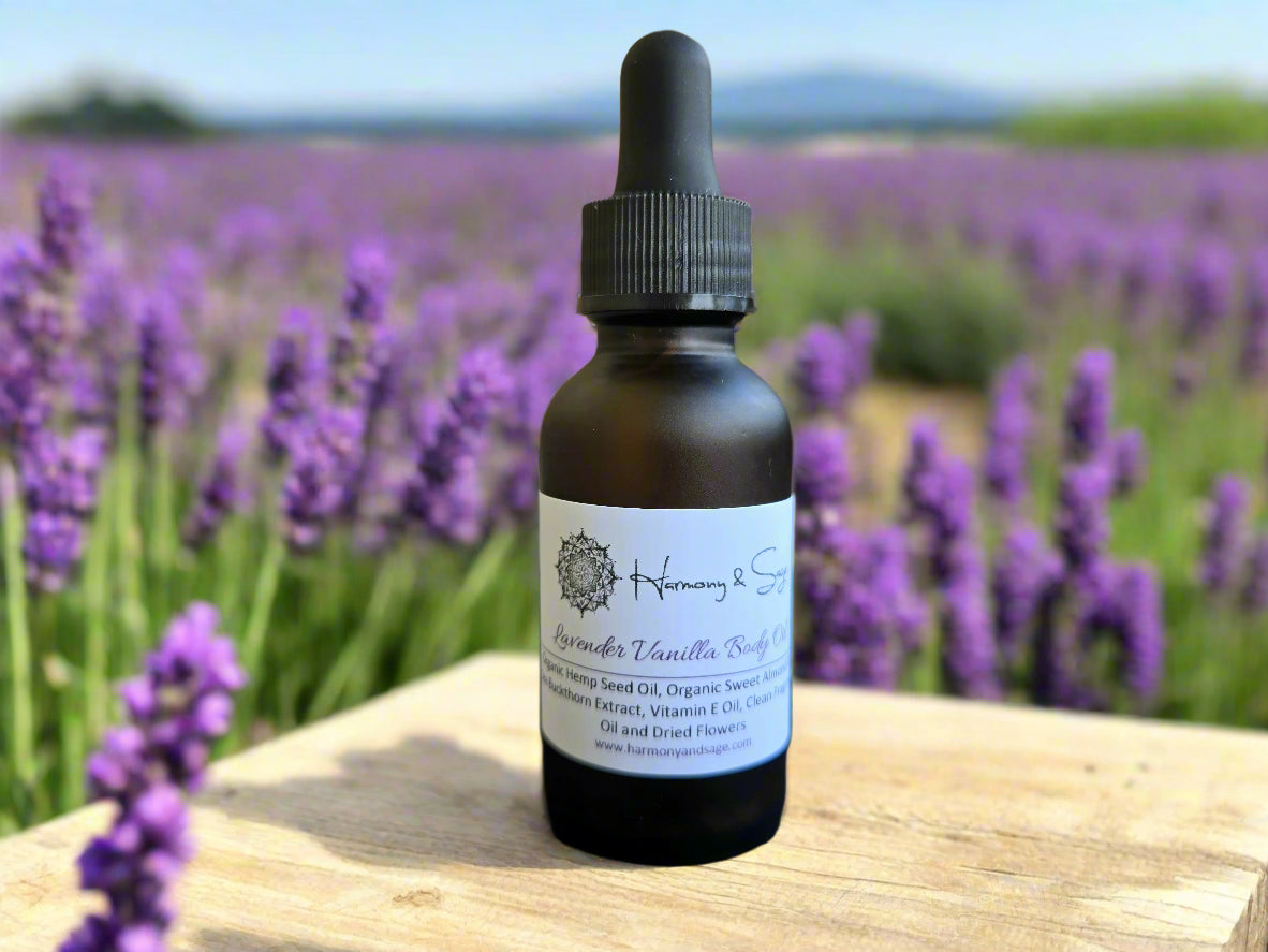 lavender body oil in glass bottle