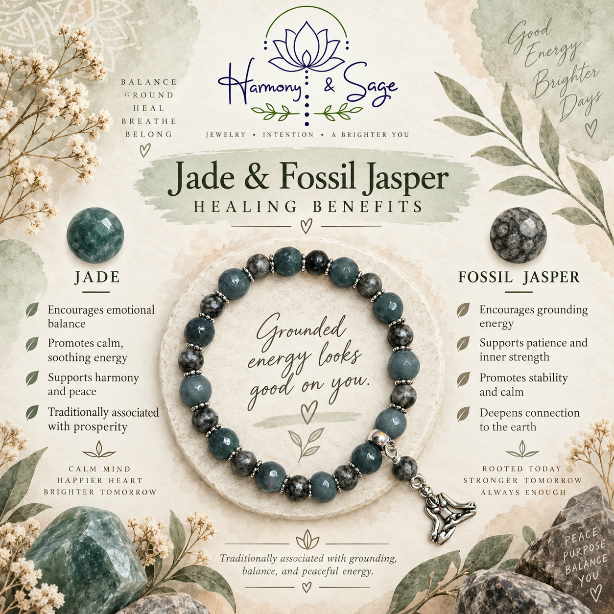 Jade & Fossil Jasper Healing Gemstone Bracelet, Yoga Stretch Bracelet