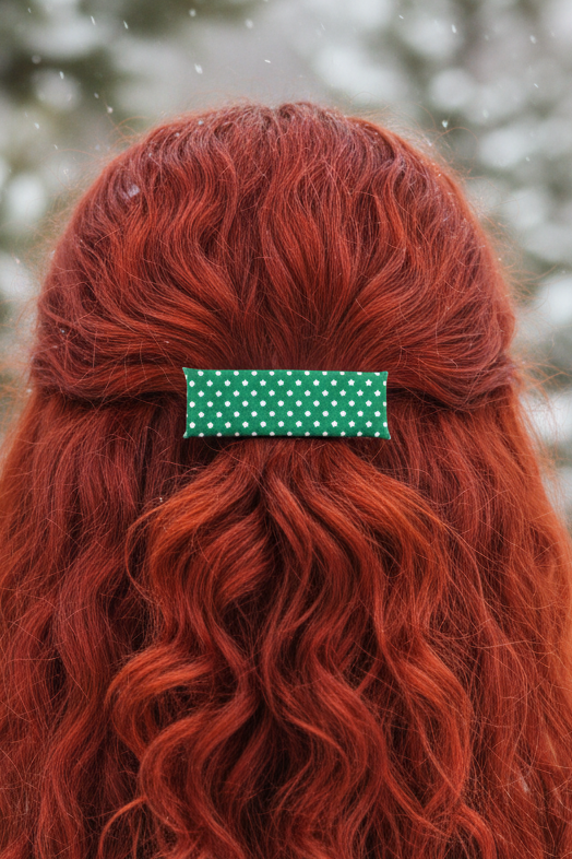 Green Polka Dot Boho French Hair Clip, Fabric Clip, 3.25 Inch, Rectangle, Leather Lined Barrette - Harmonyandsage