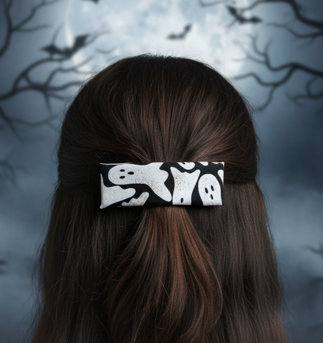 Halloween Ghosts Hair Clip, Leather Lined,  3.25", Barrette,  Halloween Edition