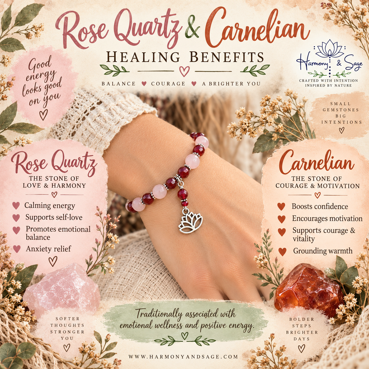 Rose Quartz & Carnelian Healing Bracelet, Lotus Stretch Bracelet, Anxiety Bracelet