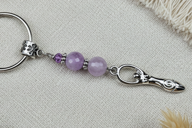 Keychain, Purse Charm, Gemstone Beaded Chain, Zipper Pull, Goddess, Faceted Lavender Jade