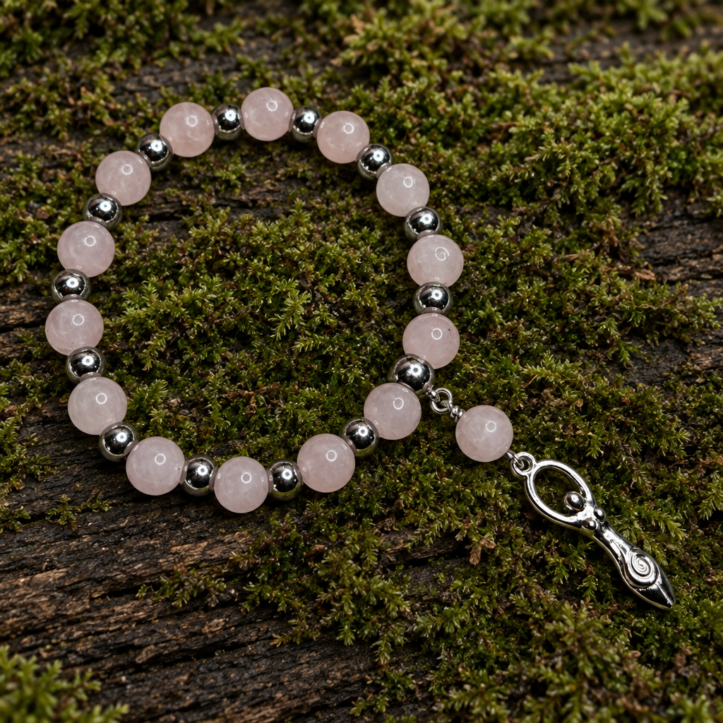 Rose Quartz Gemstone Bracelet, Steel Goddess Stretch Bracelet, Anxiety Bracelet, 7 Inch