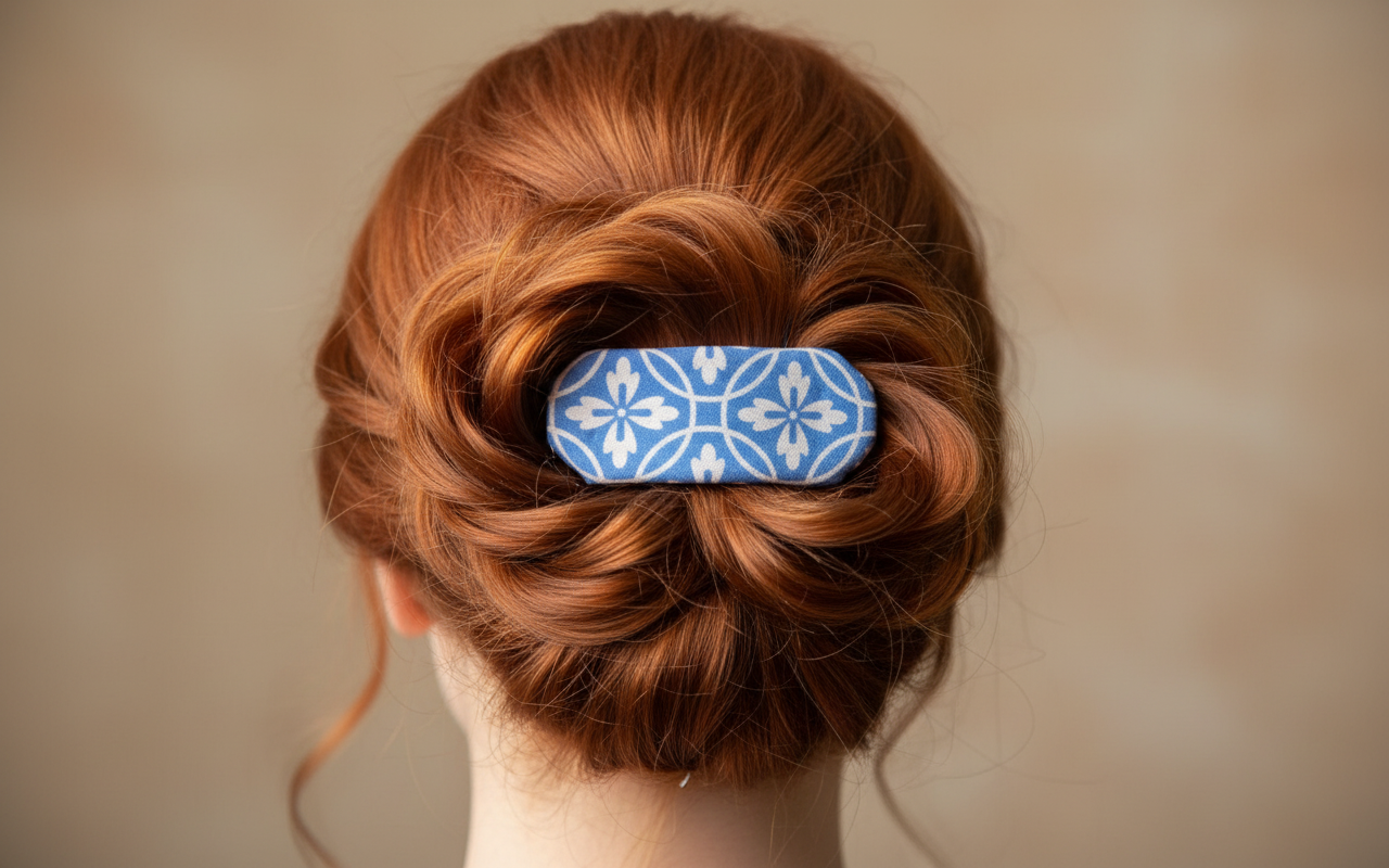 Blue Floral French Hair Clip, Fabric Clip, 2.5 Inch, Oval