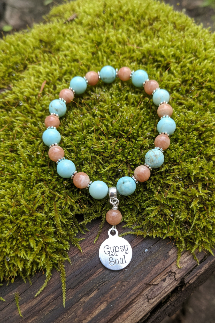 Sunstone & Turquoise Healing Bracelet, Gypsy Soul Stretch Bracelet,  Orange, Peach and Blue