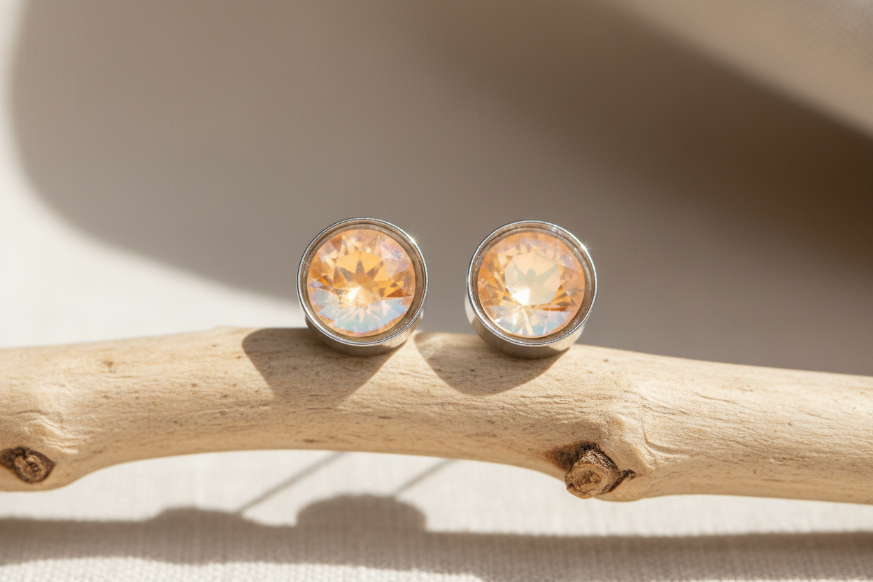 Crystal Peach Post Steel Earrings, Swarovski, Stud Earrings, Rare, Bezel Set, 6mm
