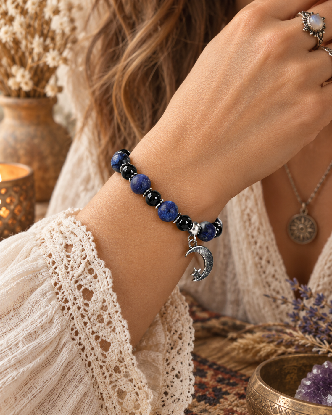 Lapis Lazuli & Blue Sandstone Healing Bracelet, Moon Stretch Bracelet, Blue Bracelet