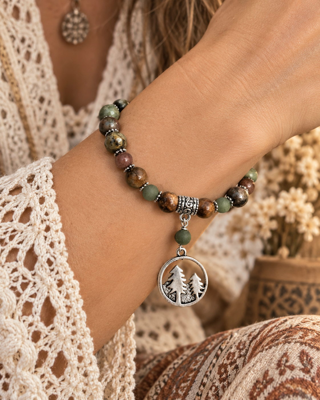 African Opal & Jade Gemstone Bracelet,  Forest Stretch Bracelet, Calming & Grounding