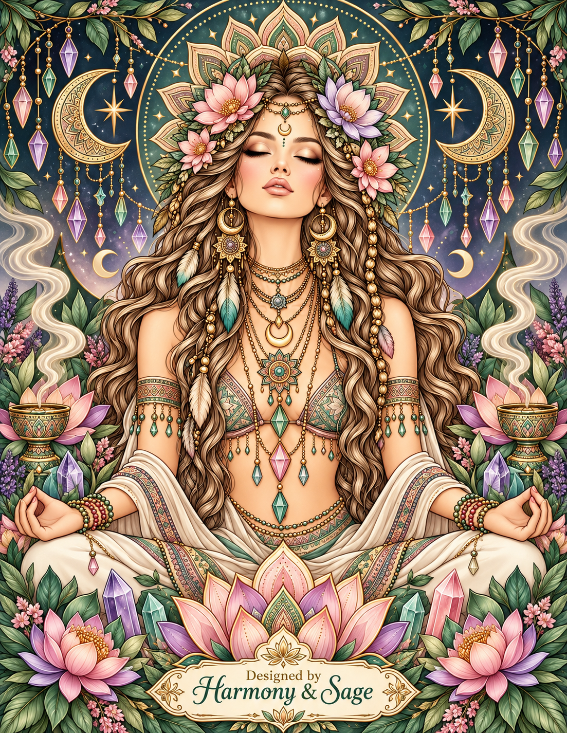 Digital Coloring Pages,  Adult Coloring Art, Boho Goddess, Relaxation