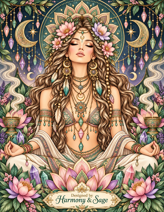 Digital Coloring Pages,  Adult Coloring Art, Boho Goddess, Relaxation