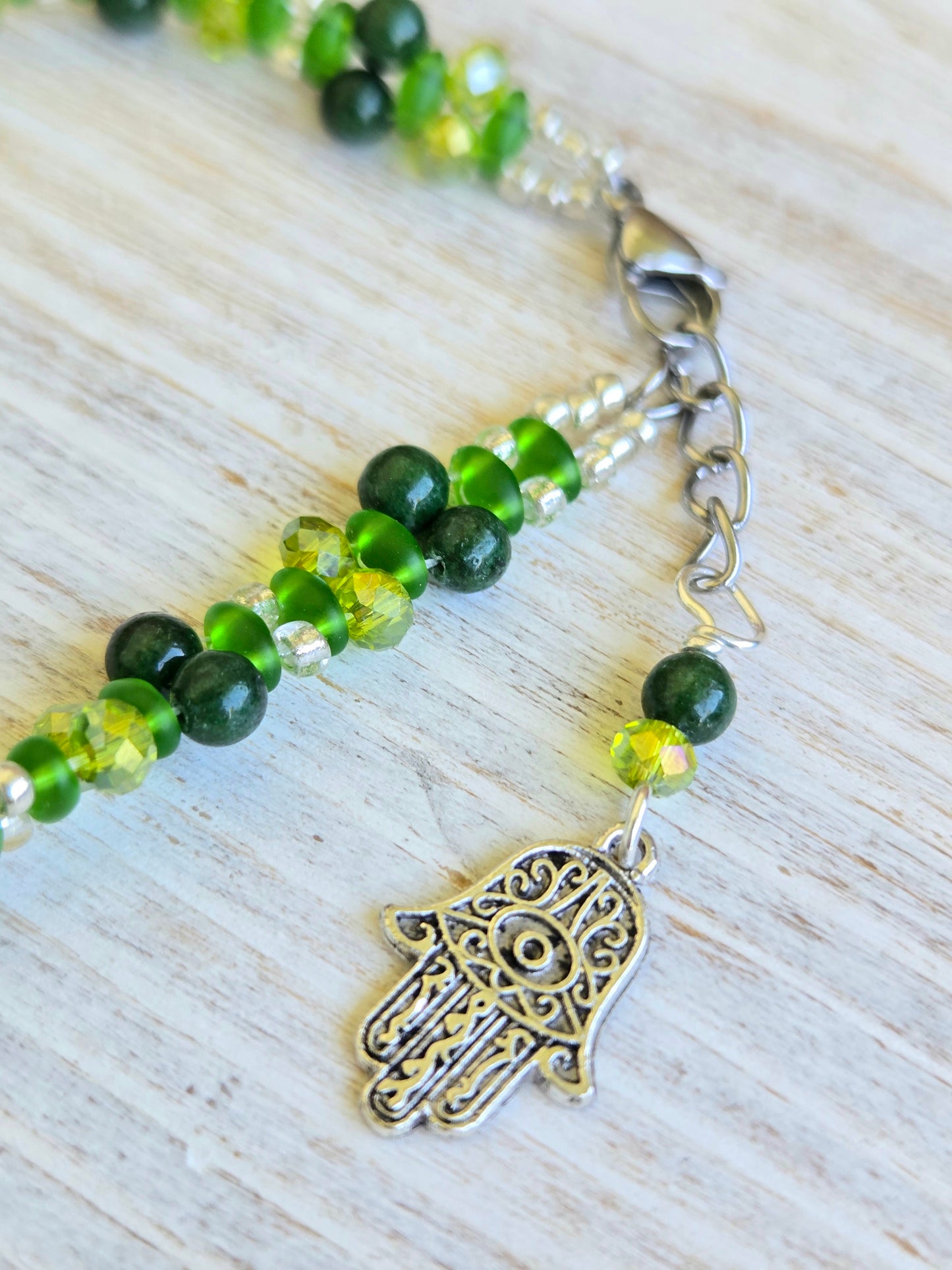 Green Agate Hamsa Handbeaded Healing Bracelet