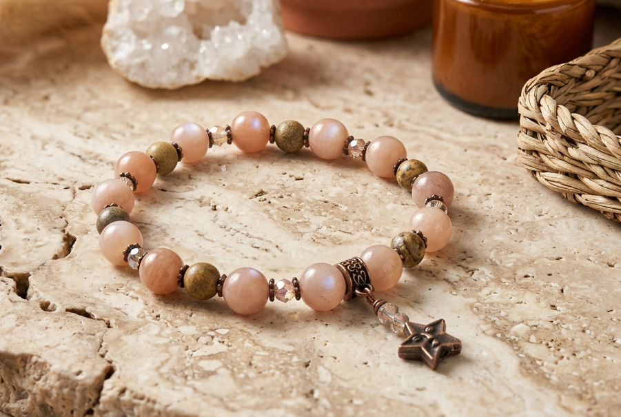 Peach Moonstone Copper Star Bracelet, Fossil Jasper & Czech, Calming, Star Face, 7 Inch